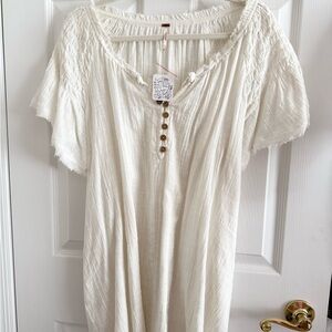 Free People Ivory Short Sleeve Smocked Tunic with Button Placket